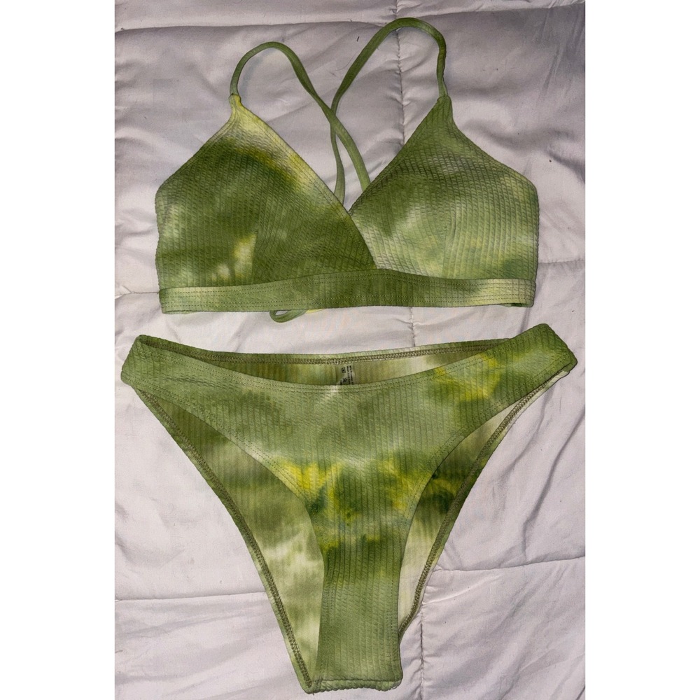 Green Tie Dye Textured Hi Rise Bikini, Size Large